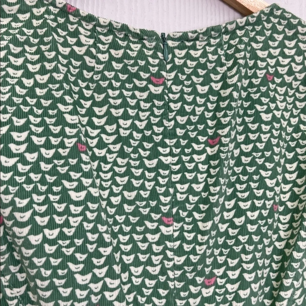 Boden - Hannah Corduroy Quarter Sleeve Green And Pink Bird Print Midi Dress 4R